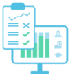 Piktogramm Bedarfsaufnahme Teams und SharePoint, Bedarfs-Checkliste mit Kreuzen und Haekchen, dahinter Monitor mit Anforderungen