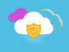 Grafische Darstellung einer Cloud, davor ein Wappen mit einem Haken als Sicherheitssymbol; Cloud-Lösungen für Unternehmen