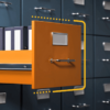 Aktenschrank mit orangener Schublade mit Ordnern, abstrakt zum Thema Cloud Backup für Unternehmen