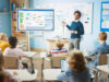 Lehrer vor interaktivem Monitor, Schueler mit Tablets in Klasse lernen aufmerksam