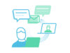 Illustration E-Mail Messaging, Person vor Laptop, E-Mail Symbol, Nachrichten Sprechblasen